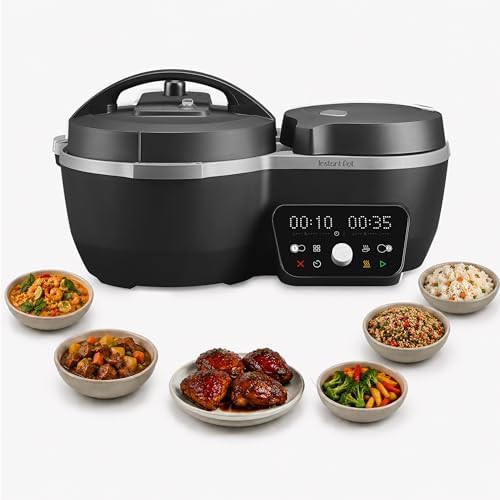 Black dual pot cooker with serve together timer